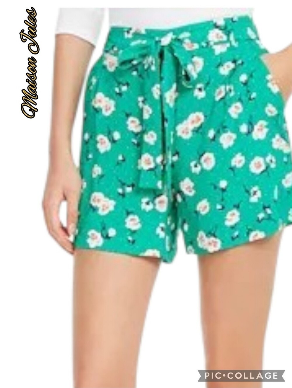 Maison Jules shorts cute green floral print tie belt pockets sz xxl nwt